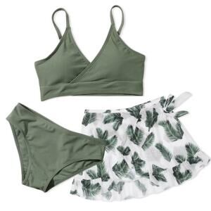 Girls' Size 15-16 Yr Bathing Suit 3 Piece Swim Set Bikini & Sheer Skirt Green